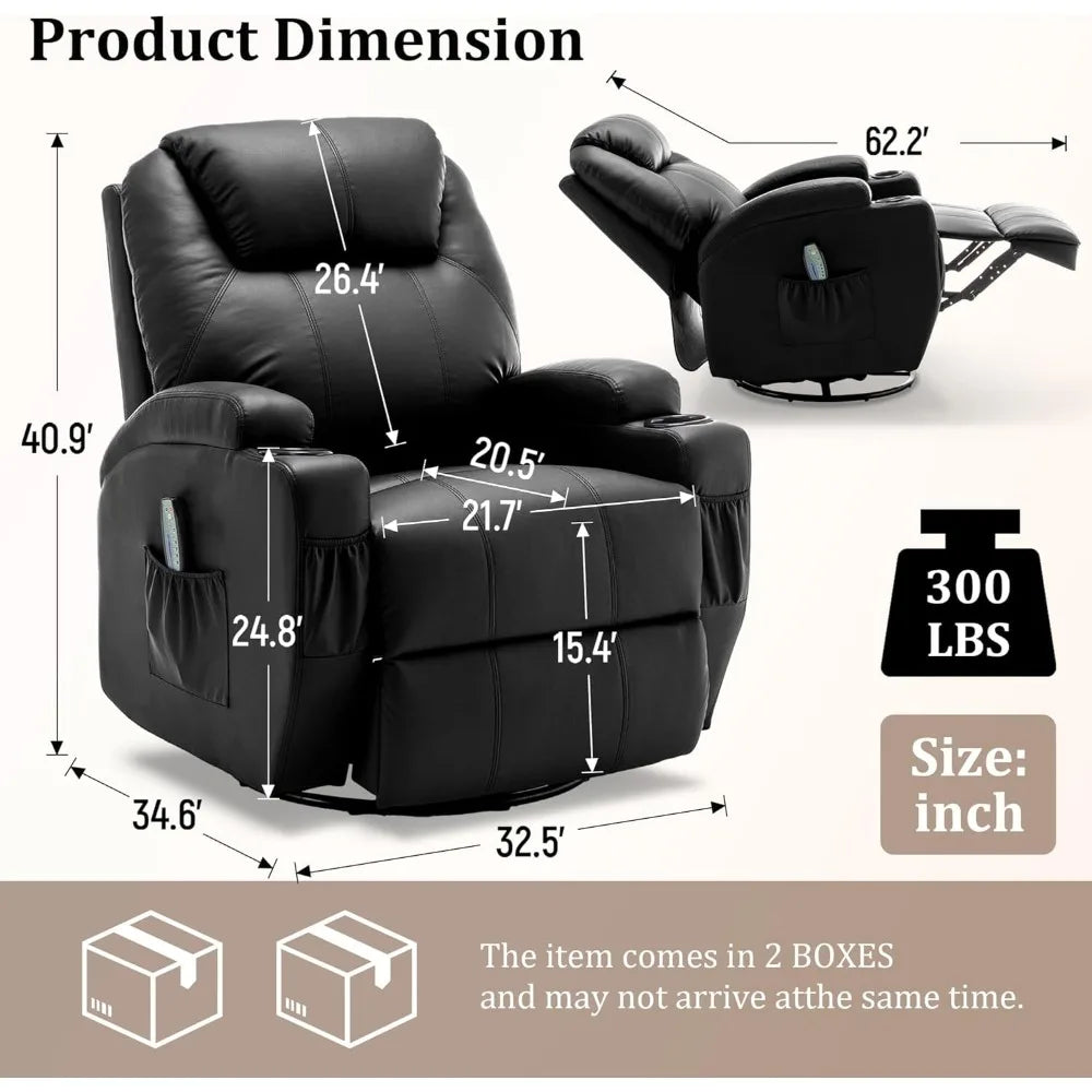 Recliner Rocker - 360° Swivel Massage & Heat - Faux Leather - Livingroom Collection