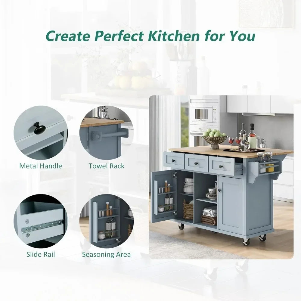 Kitchen Island on Wheels - Drop Leaf Table - Locking Casters