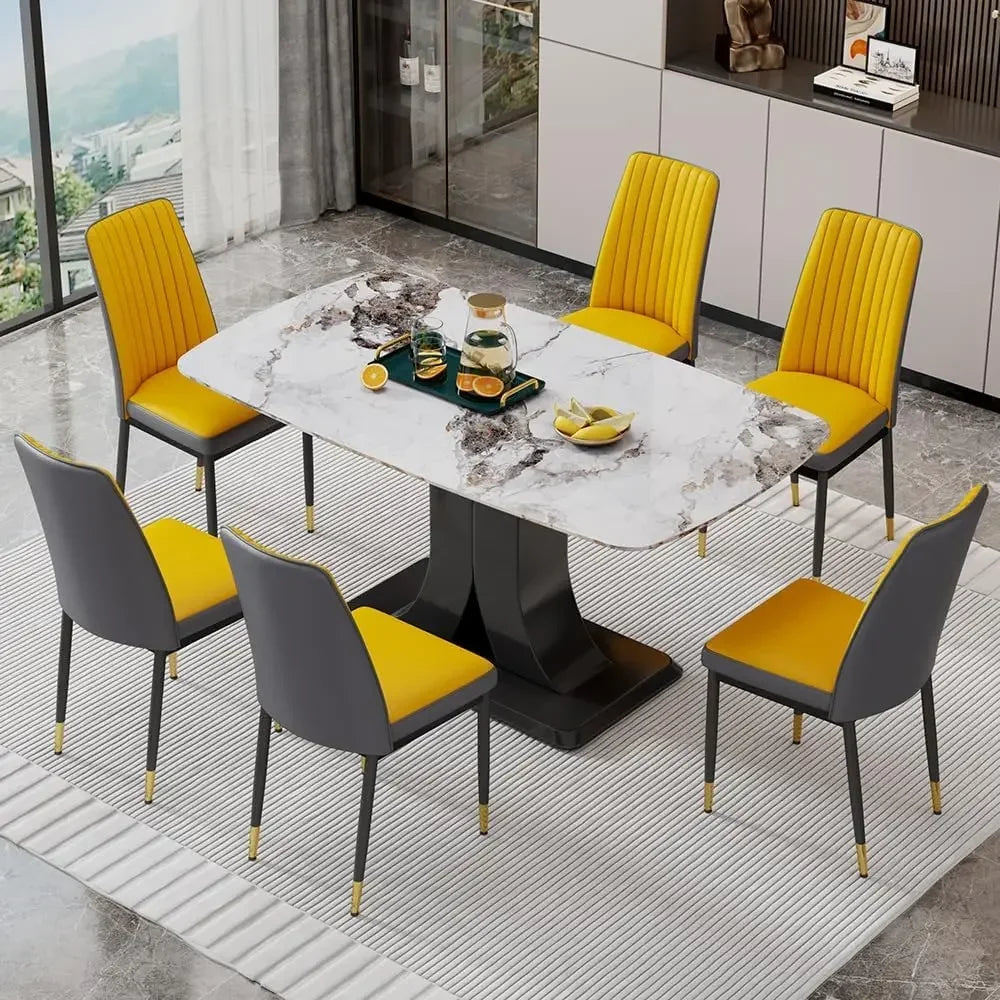 Diningroom Table Set *7Pcs - 6 PU Leather Seats - 1 Imitation Marble Table Top