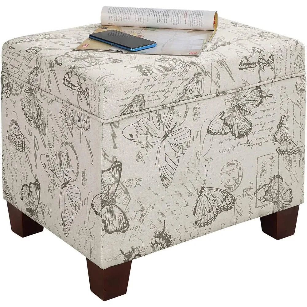 Ottoman Madison - Storage - Cream & Grey - Butterfly Pattern - Home Office Collection