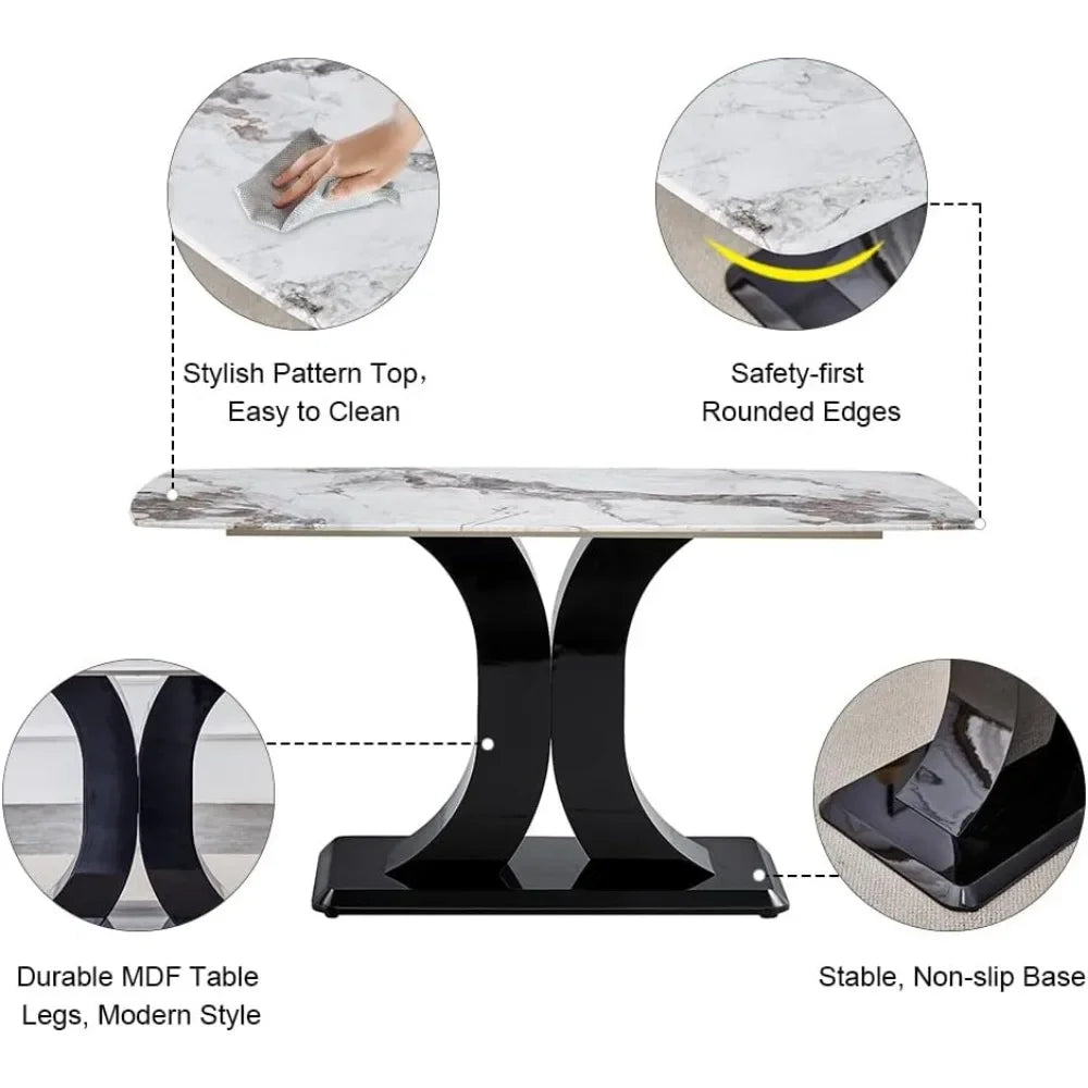 Diningroom Table Set *7Pcs - 6 PU Leather Seats - 1 Imitation Marble Table Top