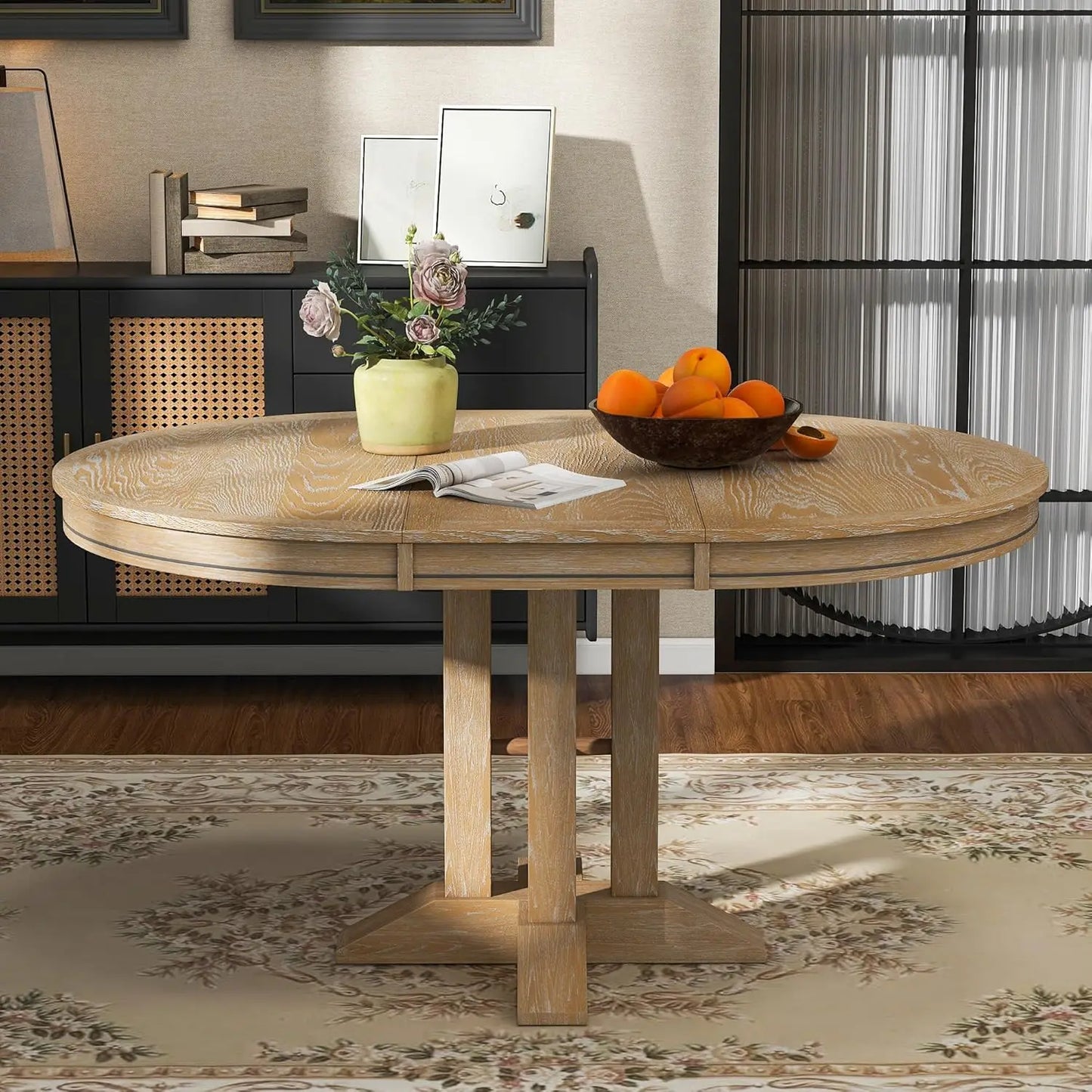 Round Farmhouse Diningroom Table - Natural Wood - 16" Extension Leaf - Diningroom Collection