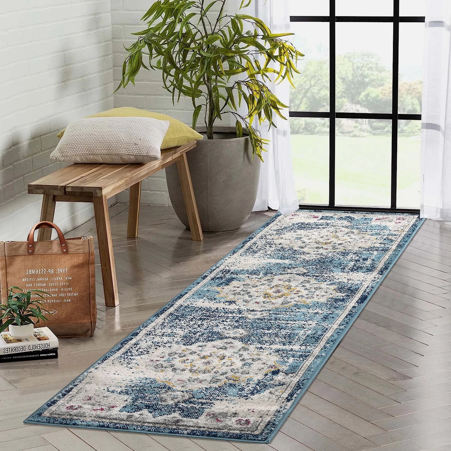 Rug Runner 2'x7' - Non-slip - Retro Blue Distressed - Kitchen Collection