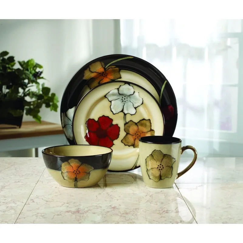 Dinnerware Set *16 Pcs - Stoneware Service for 4 - Painted Poppies - Diningroom Collection