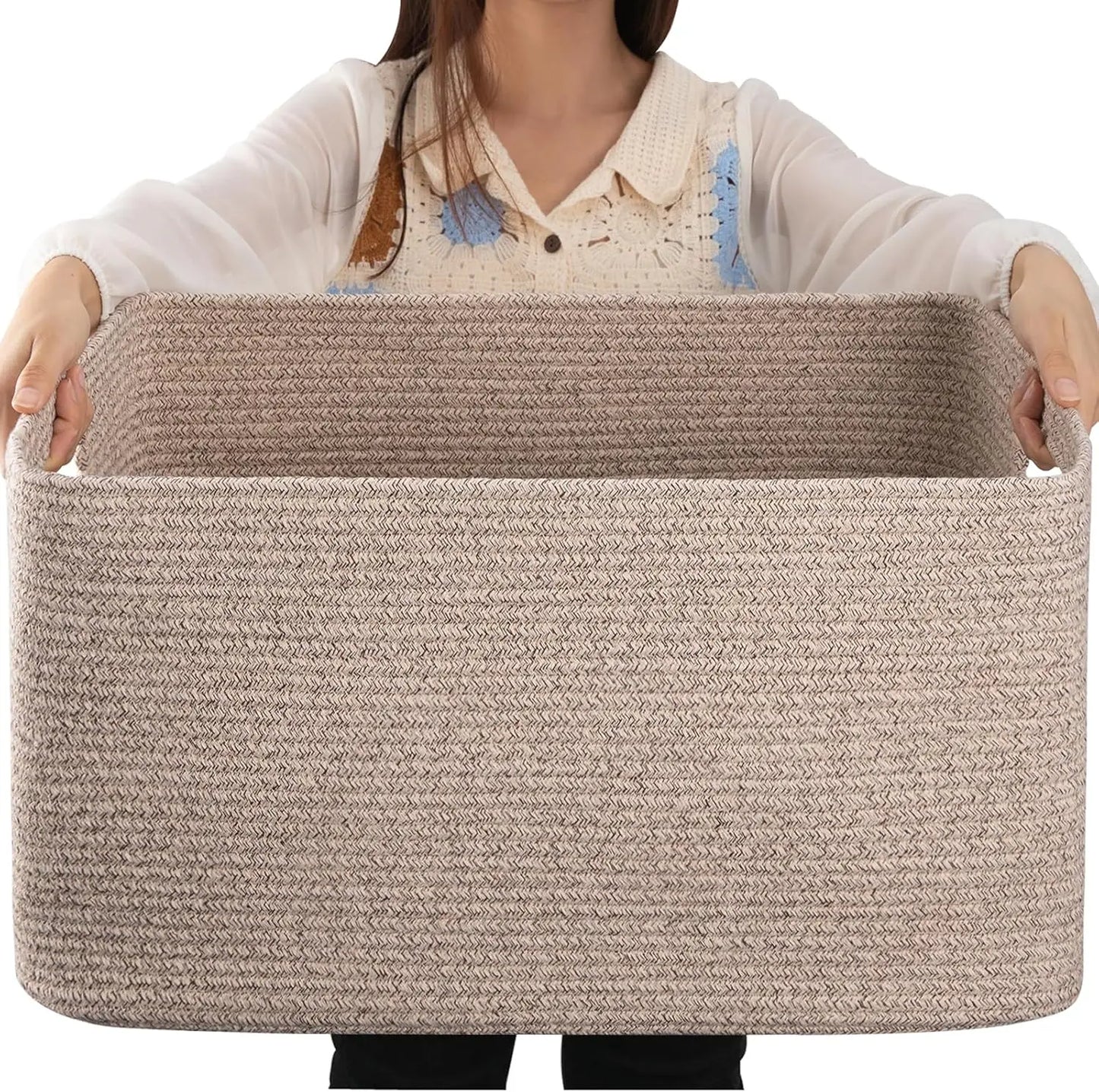 Basket - 100% Cotton Rope - Woven Blanket Storage with Handle - Childrens Room Collection
