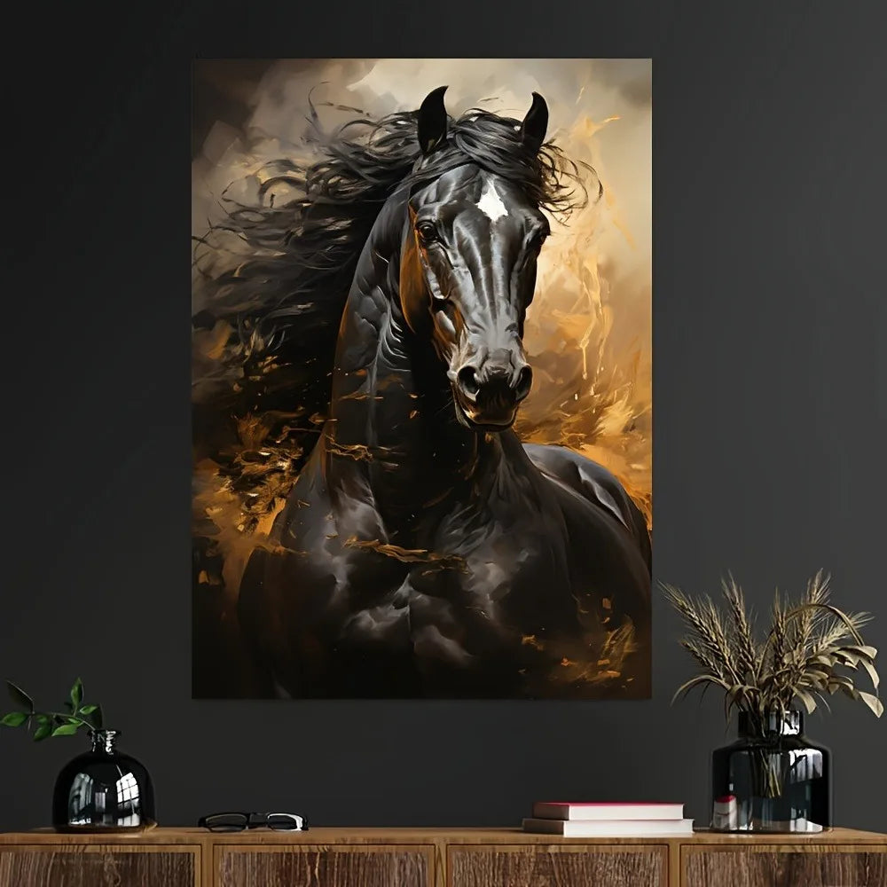 Wall Art HD Print - Running Black Horse - Canvas Print Poster - Frameless - Livingroom Collection