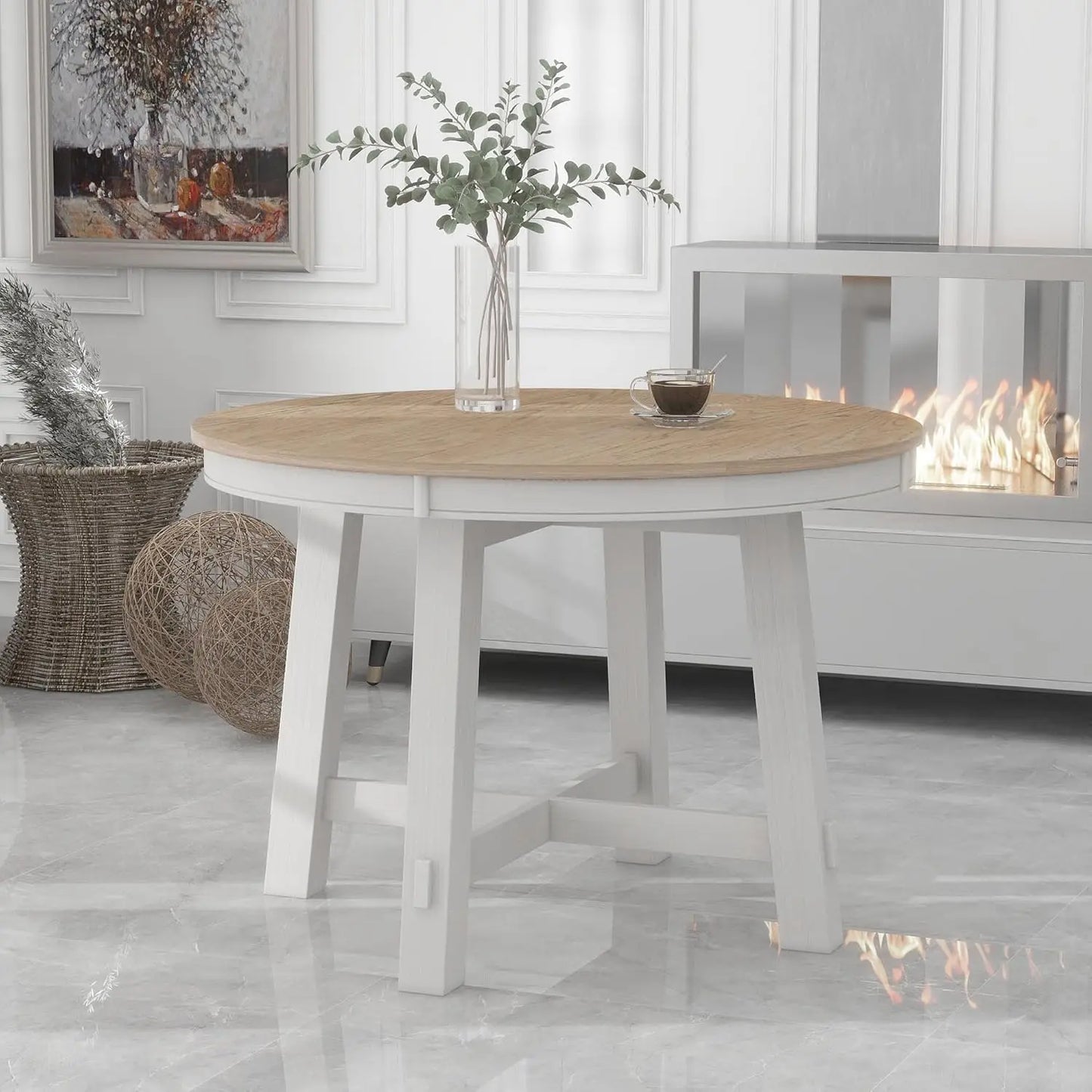 Round Farmhouse Diningroom Table - Natural Wood - 16" Extension Leaf - Diningroom Collection
