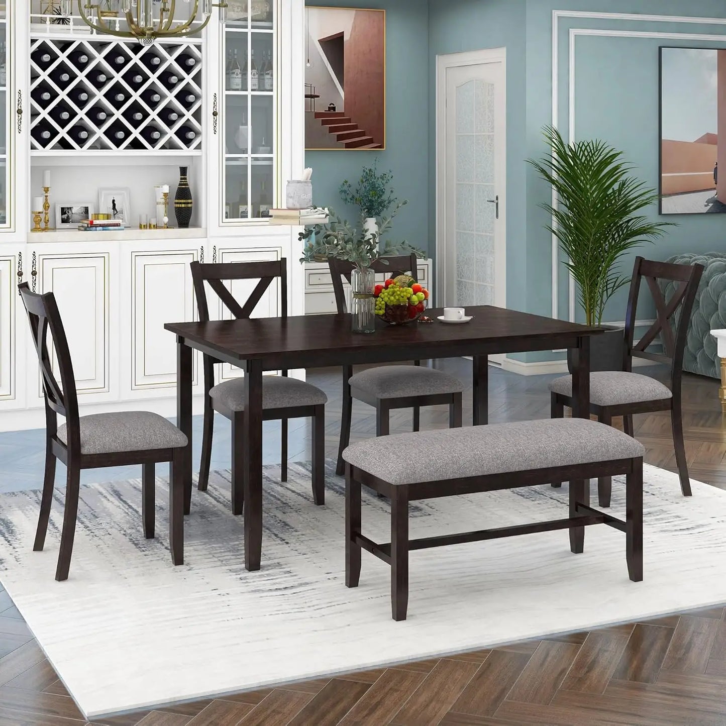 Diningroom Set *6Pcs - Fabric Chairs & Bench - Diningroom Collection