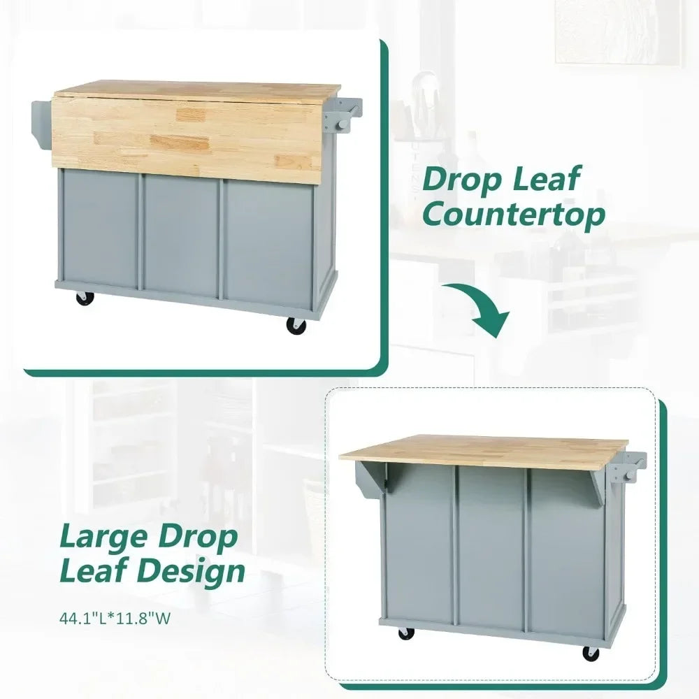 Kitchen Island on Wheels - Drop Leaf Table - Locking Casters