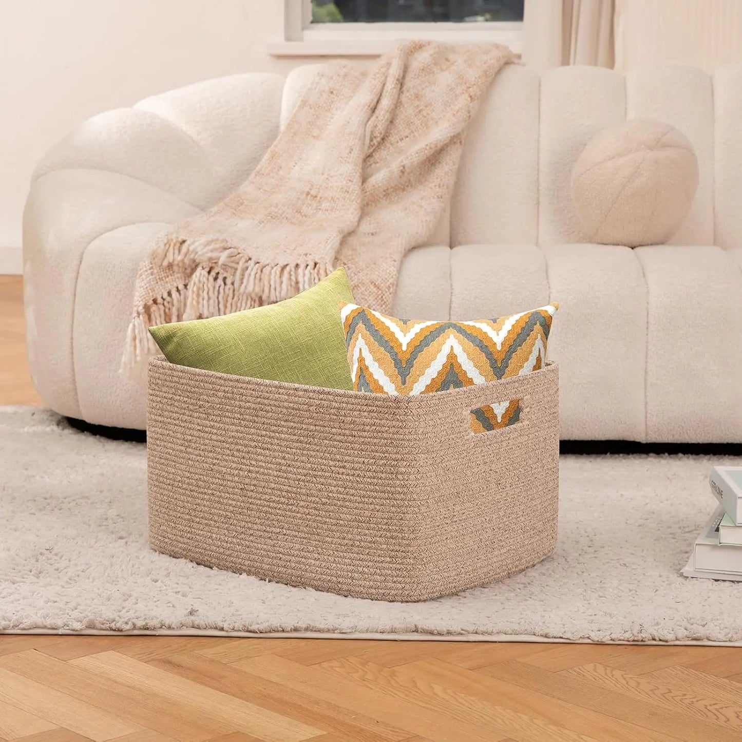 Basket - 100% Cotton Rope - Woven Blanket Storage with Handle - Childrens Room Collection