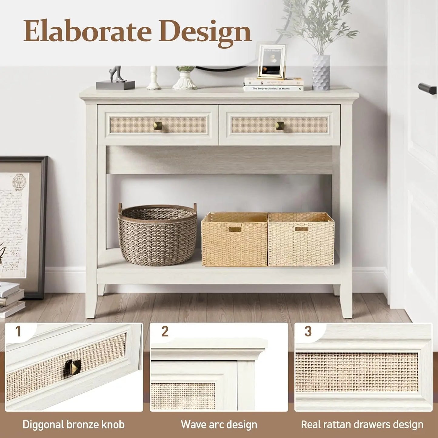 Wood Console Table - Rattan Drawers - Boho - Entryway Collection