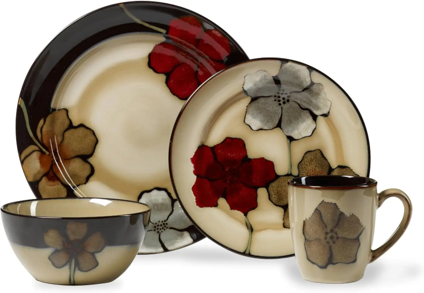 Dinnerware Set *16 Pcs - Stoneware Service for 4 - Painted Poppies - Diningroom Collection