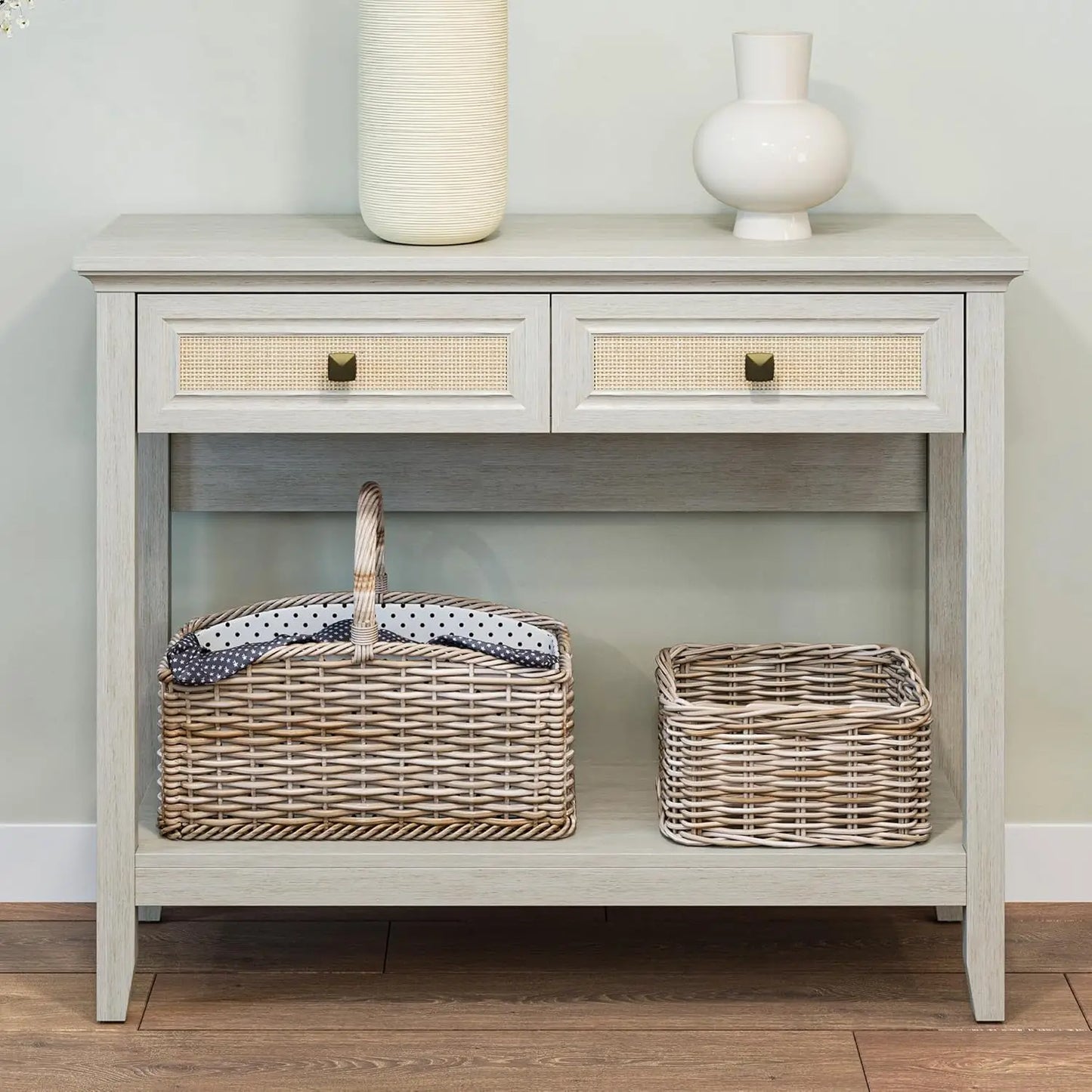 Wood Console Table - Rattan Drawers - Boho - Entryway Collection