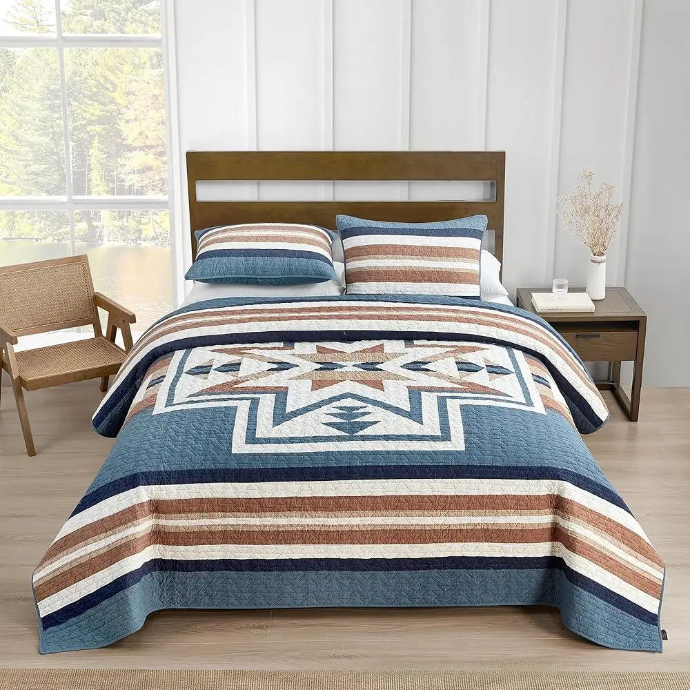 Quilt Set *3Pcs - 100% Cotton Queen Size - Blue Mirage - Bedroom Collection