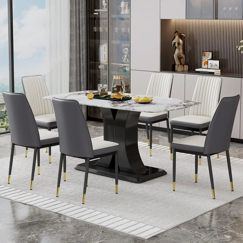 Diningroom Table Set *7Pcs - 6 PU Leather Seats - 1 Imitation Marble Table Top