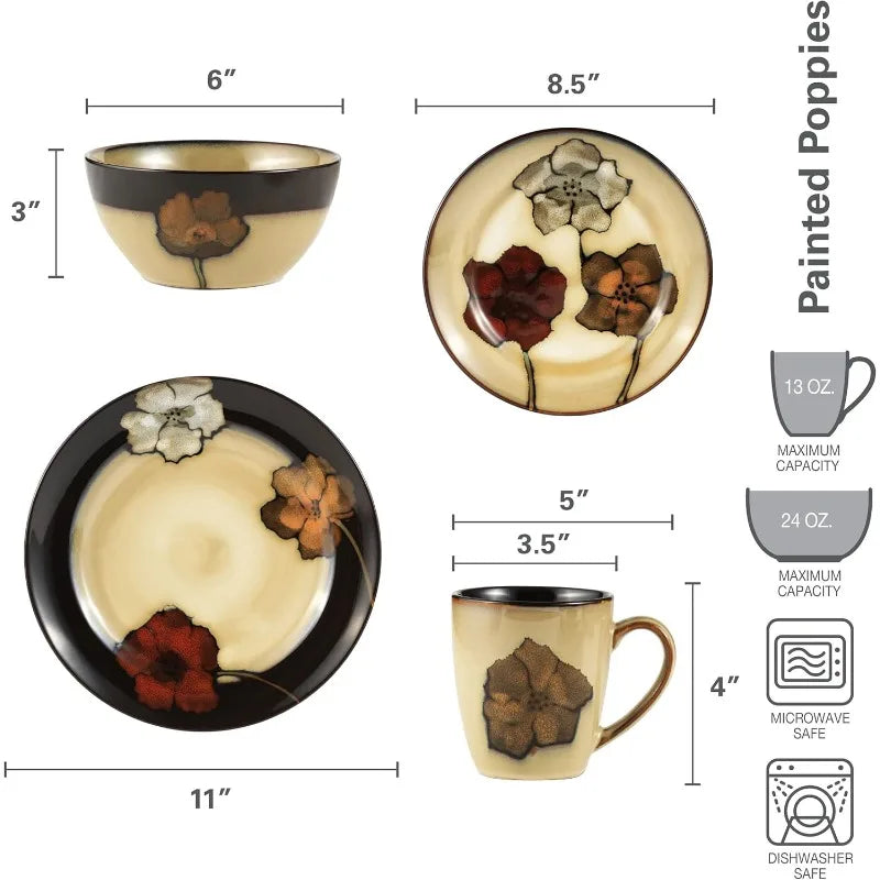 Dinnerware Set *16 Pcs - Stoneware Service for 4 - Painted Poppies - Diningroom Collection