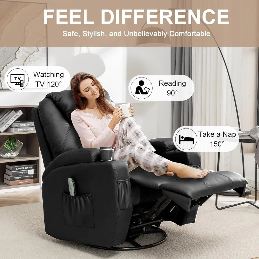 Recliner Rocker - 360° Swivel Massage & Heat - Faux Leather - Livingroom Collection