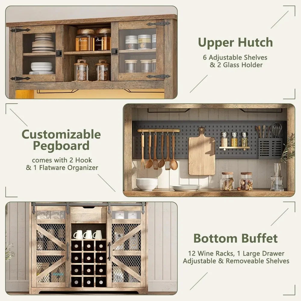 Kitchen Buffet Cabinet - Diningroom Hutch - Power Outlets - USB Ports - LED Light