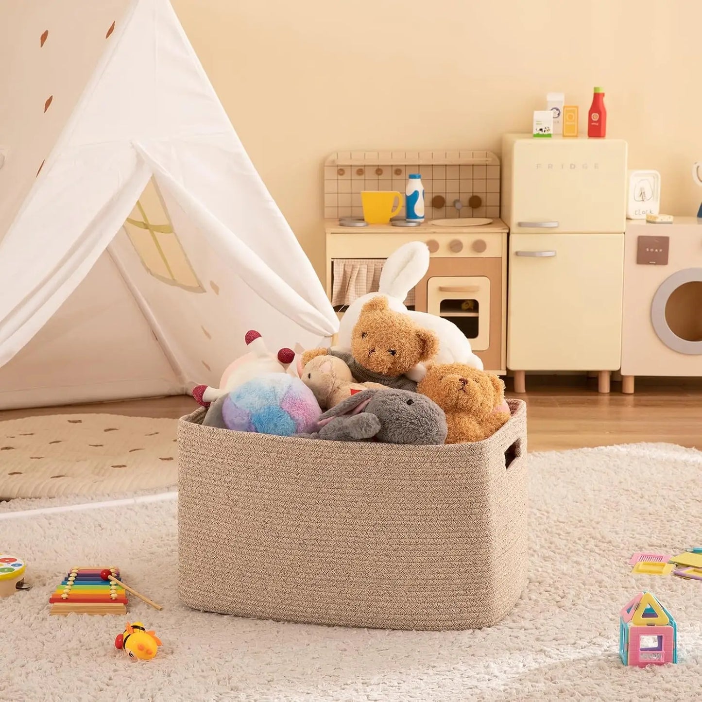 Basket - 100% Cotton Rope - Woven Blanket Storage with Handle - Childrens Room Collection