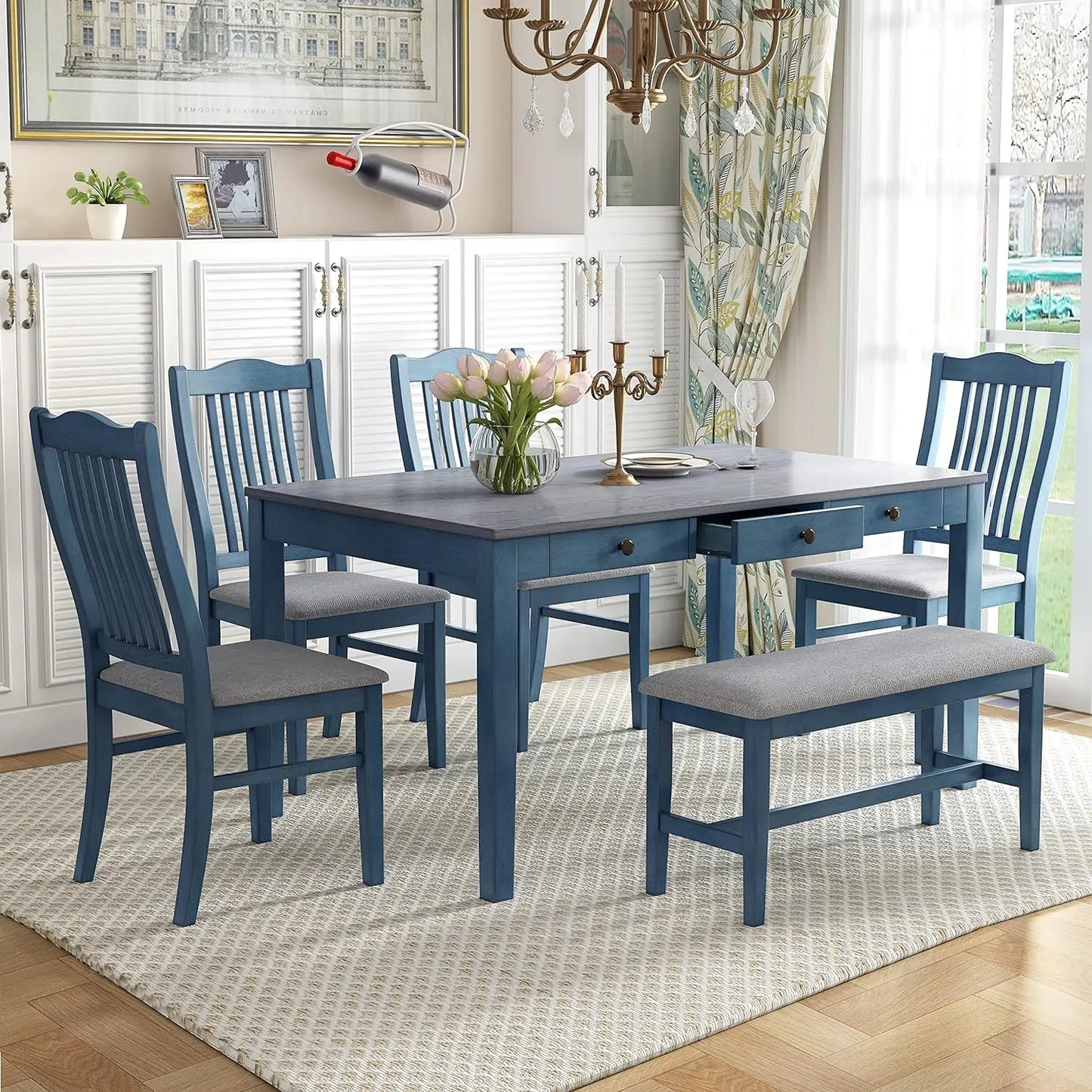 Diningroom Set *6Pcs - Fabric Chairs & Bench - Diningroom Collection