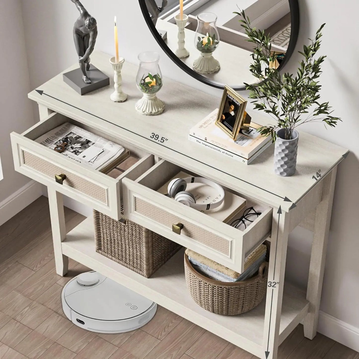 Wood Console Table - Rattan Drawers - Boho - Entryway Collection