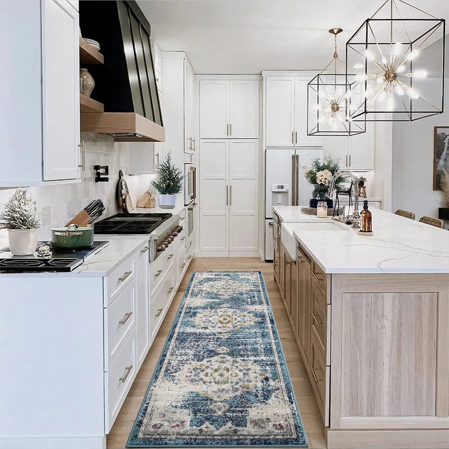Rug Runner 2'x7' - Non-slip - Retro Blue Distressed - Kitchen Collection