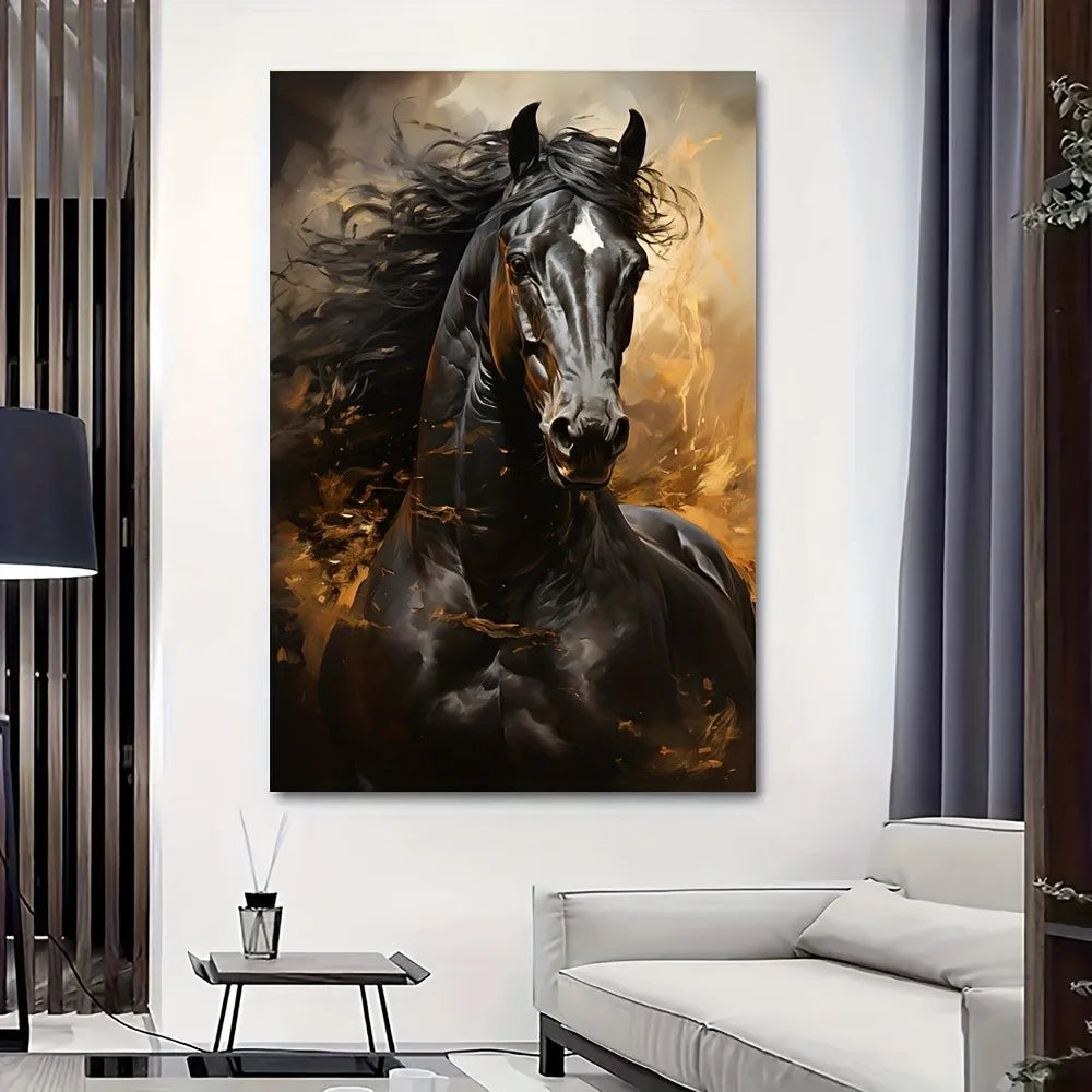 Wall Art HD Print - Running Black Horse - Canvas Print Poster - Frameless - Livingroom Collection