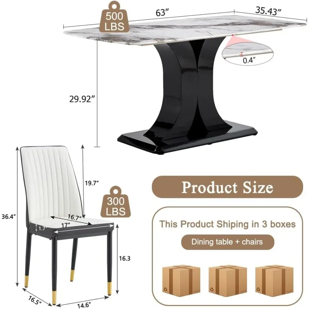 Diningroom Table Set *7Pcs - 6 PU Leather Seats - 1 Imitation Marble Table Top