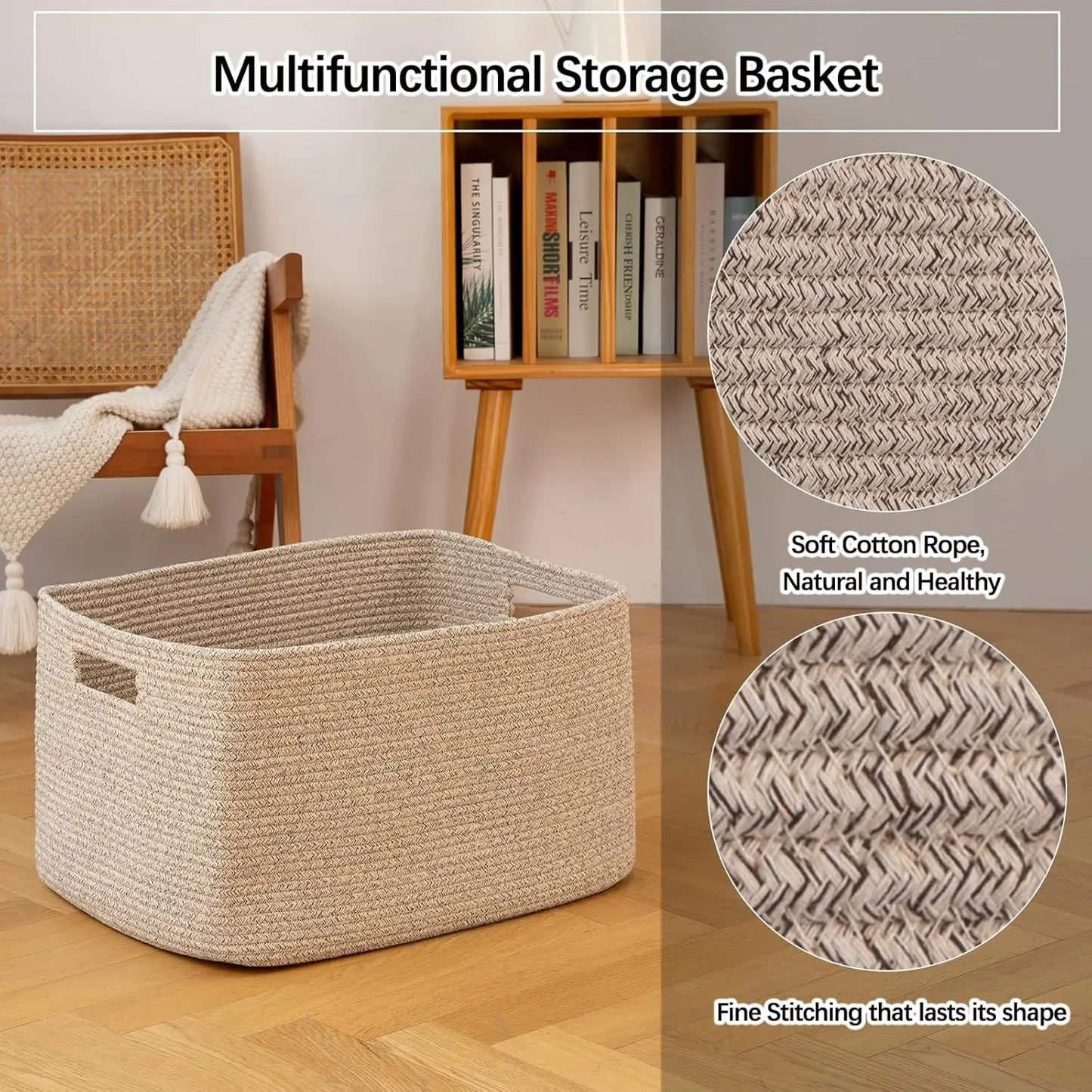 Basket - 100% Cotton Rope - Woven Blanket Storage with Handle - Childrens Room Collection