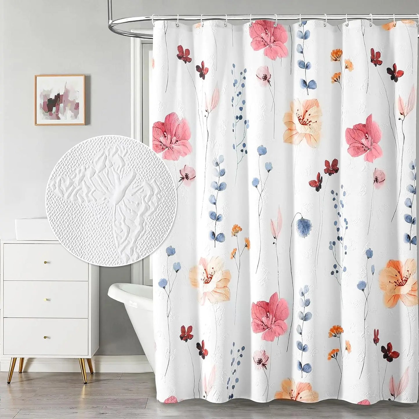 Watercolor Floral Shower Curtain, 3D Embossed Butterflies Blue Yellow Flower Bathroom Curtain
