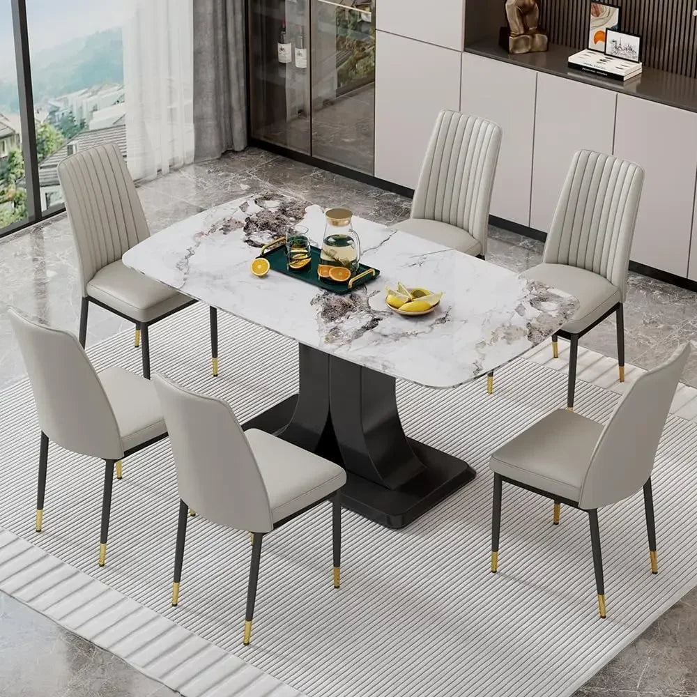 Diningroom Table Set *7Pcs - 6 PU Leather Seats - 1 Imitation Marble Table Top