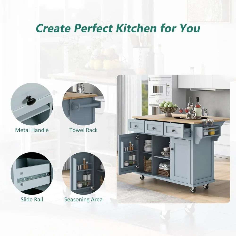 Kitchen Island on Wheels - Drop Leaf Table - Locking Casters