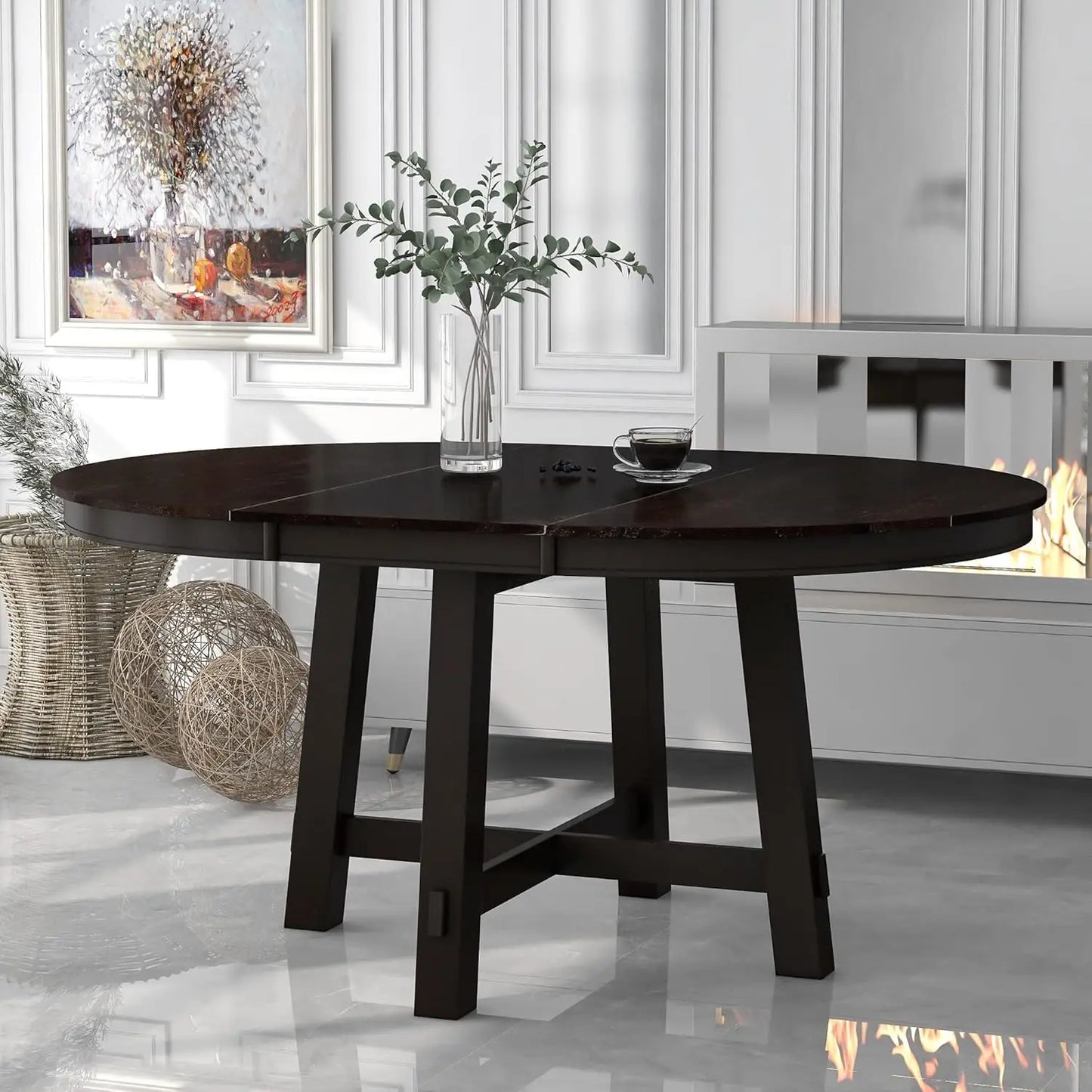 Round Farmhouse Diningroom Table - Natural Wood - 16" Extension Leaf - Diningroom Collection