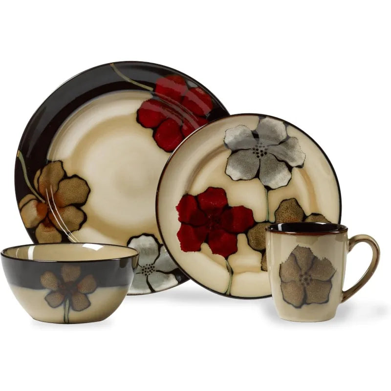 Dinnerware Set *16 Pcs - Stoneware Service for 4 - Painted Poppies - Diningroom Collection