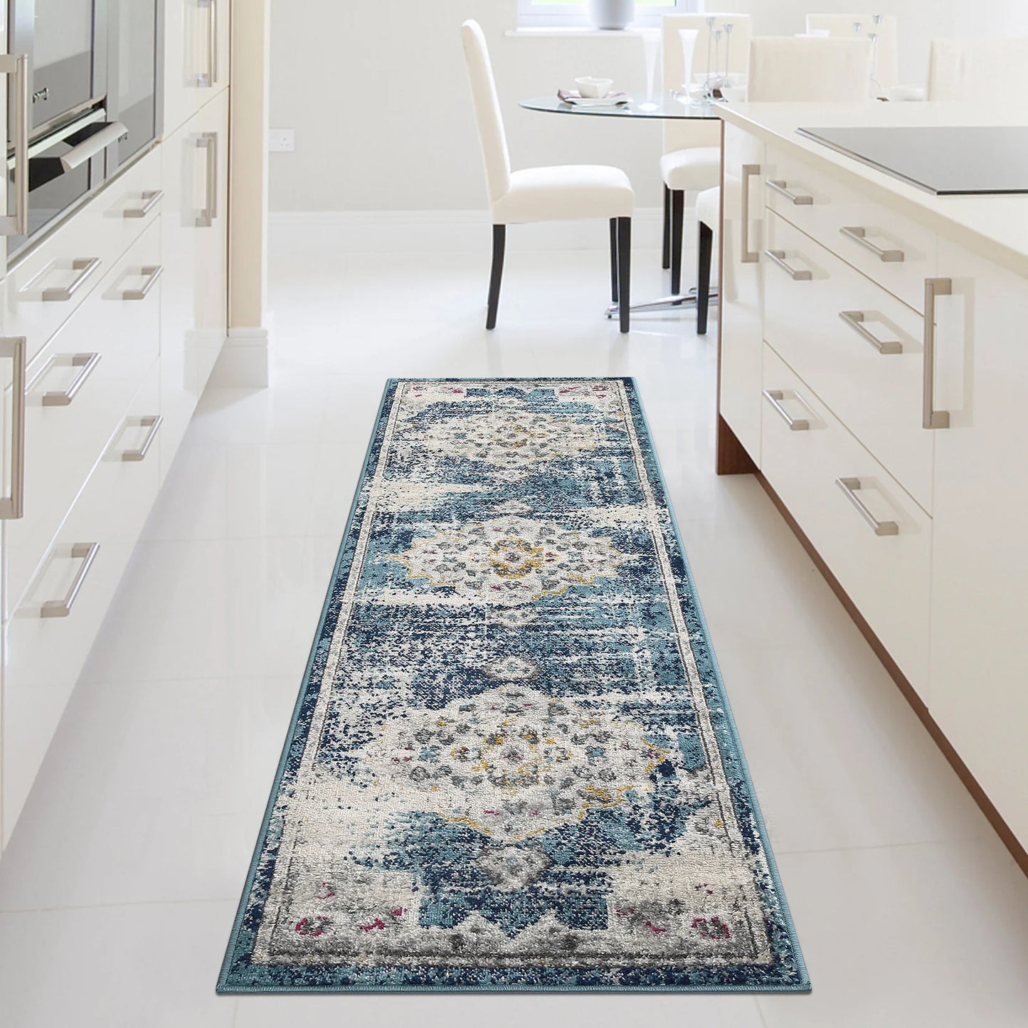 Rug Runner 2'x7' - Non-slip - Retro Blue Distressed - Kitchen Collection