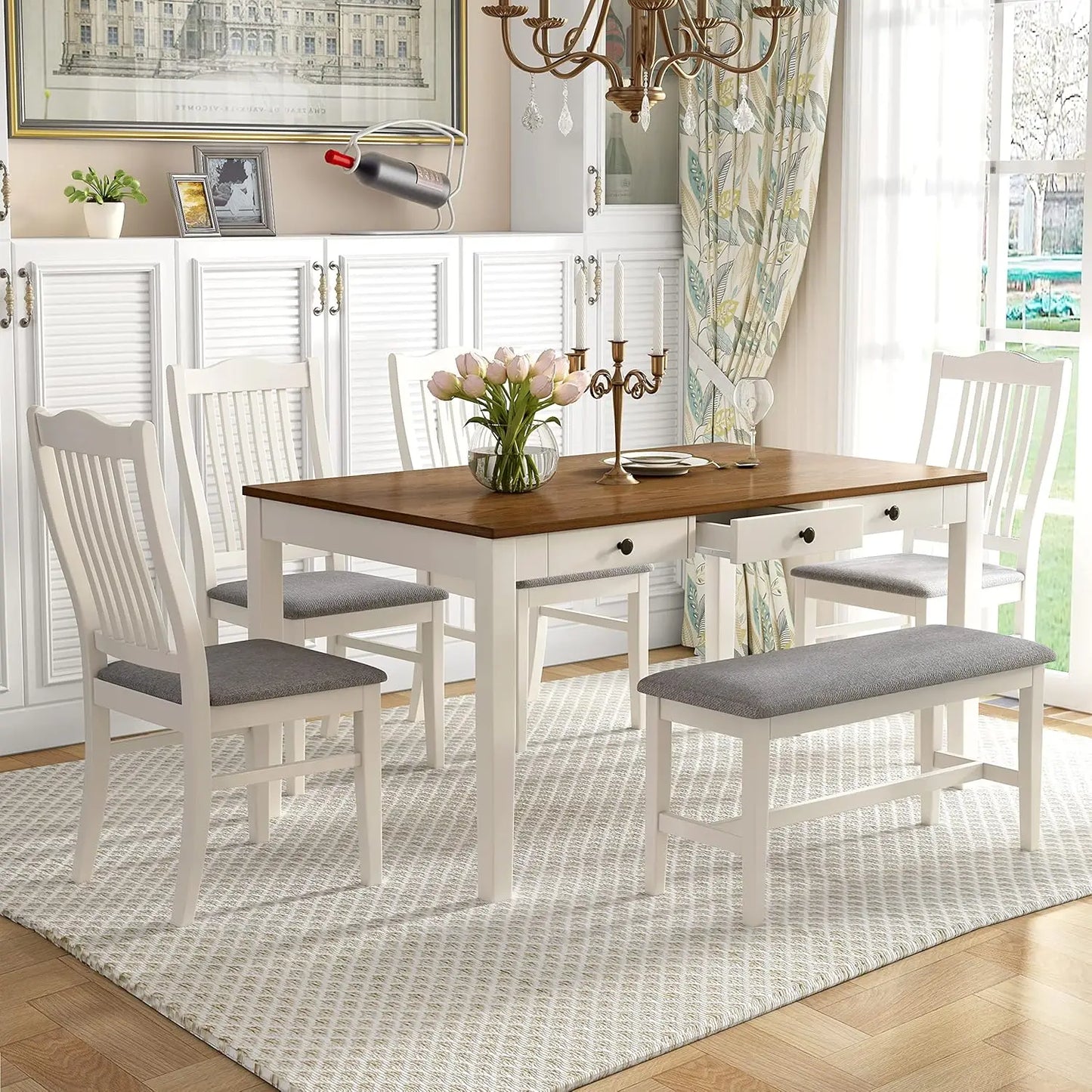 Diningroom Set *6Pcs - Fabric Chairs & Bench - Diningroom Collection