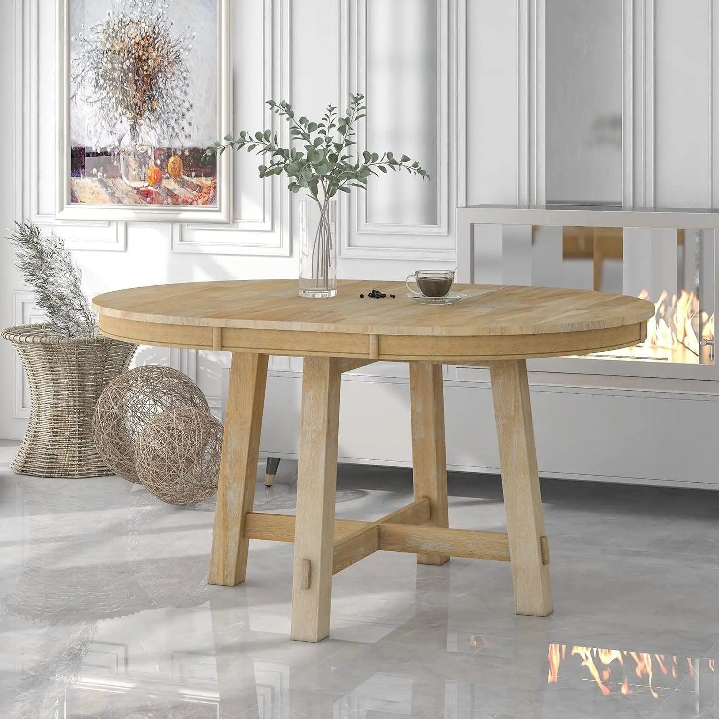 Round Farmhouse Diningroom Table - Natural Wood - 16" Extension Leaf - Diningroom Collection