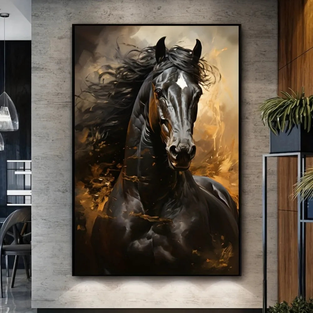 Wall Art HD Print - Running Black Horse - Canvas Print Poster - Frameless - Livingroom Collection