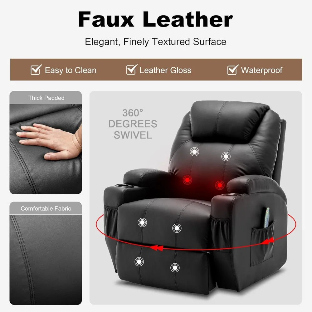 Recliner Rocker - 360° Swivel Massage & Heat - Faux Leather - Livingroom Collection