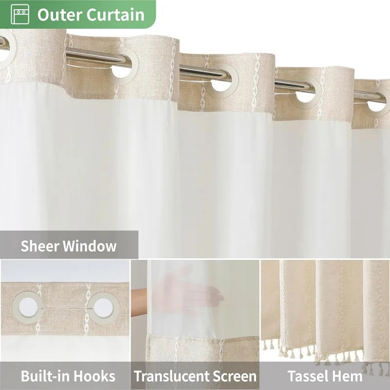 Shower Curtain - No Hooks - Snap In Liner - Boho Tassel - Bathroom Collection