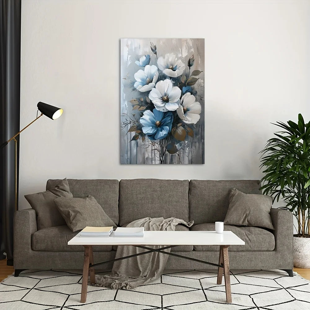 Wall Art - Oil on Canvas - Blue & White Floral - Gallery Framed - Bedroom Collection