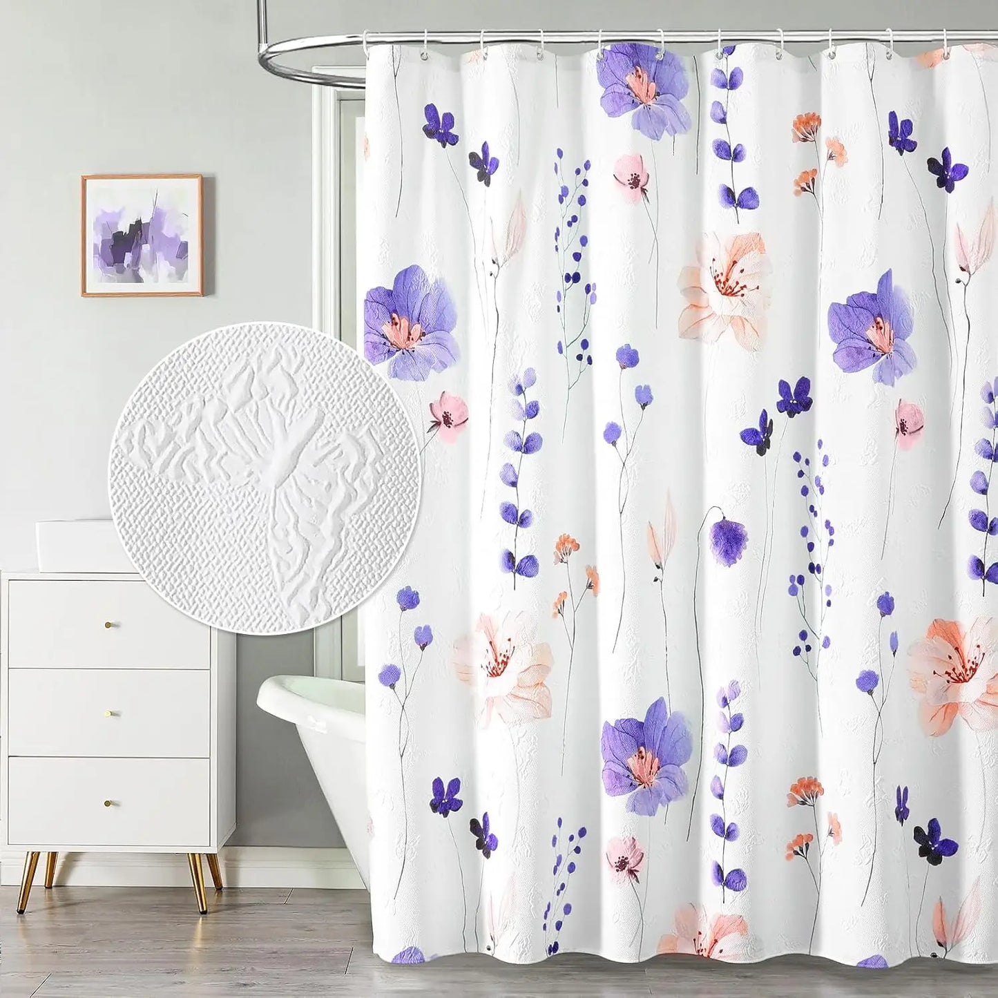 Watercolor Floral Shower Curtain, 3D Embossed Butterflies Blue Yellow Flower Bathroom Curtain