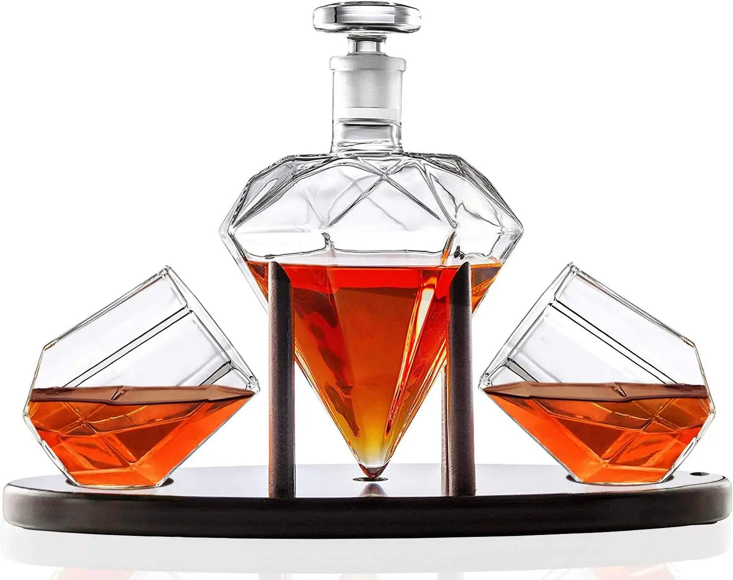 Whiskey Decanter Set *4Pcs - Diamond Shaped - 25 ozs - Mahogany Wood Base - Diningroom Collection
