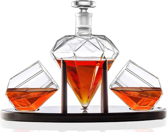 Whiskey Decanter Set *4Pcs - Diamond Shaped - 25 ozs - Mahogany Wood Base - Diningroom Collection