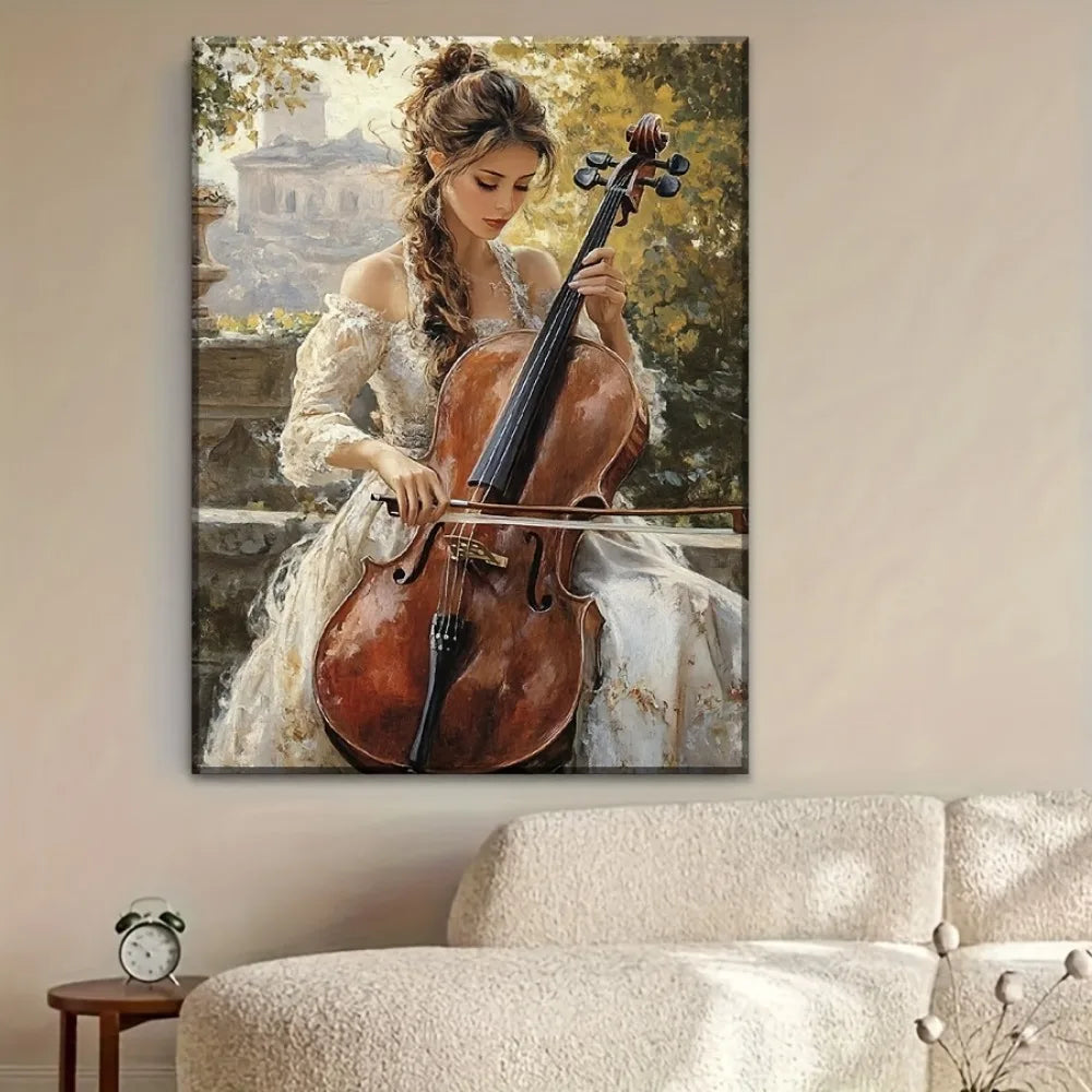 Wall Art Oil Painting - Canvas Framed - Elegant Cellist - Bedroom Collection