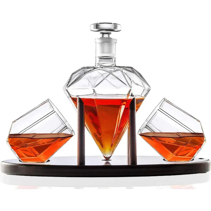 Whiskey Decanter Set *4Pcs - Diamond Shaped - 25 ozs - Mahogany Wood Base - Diningroom Collection
