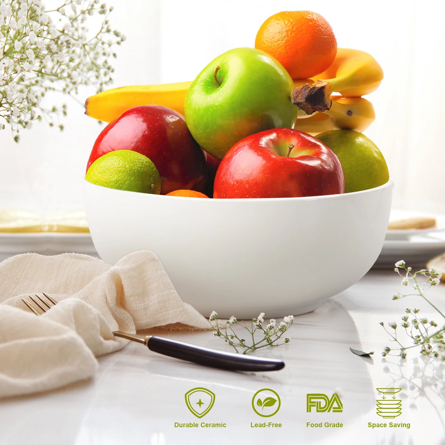 Bowl Set *3Pcs - Premium Ceramics - 60 Oz White Serving Bowls - Kitchen Collection
