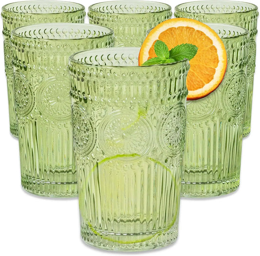 Glassware Set *6Pcs - 13 Ozs - Vintage Sage Green Ribbed Design - Kitchen Collection