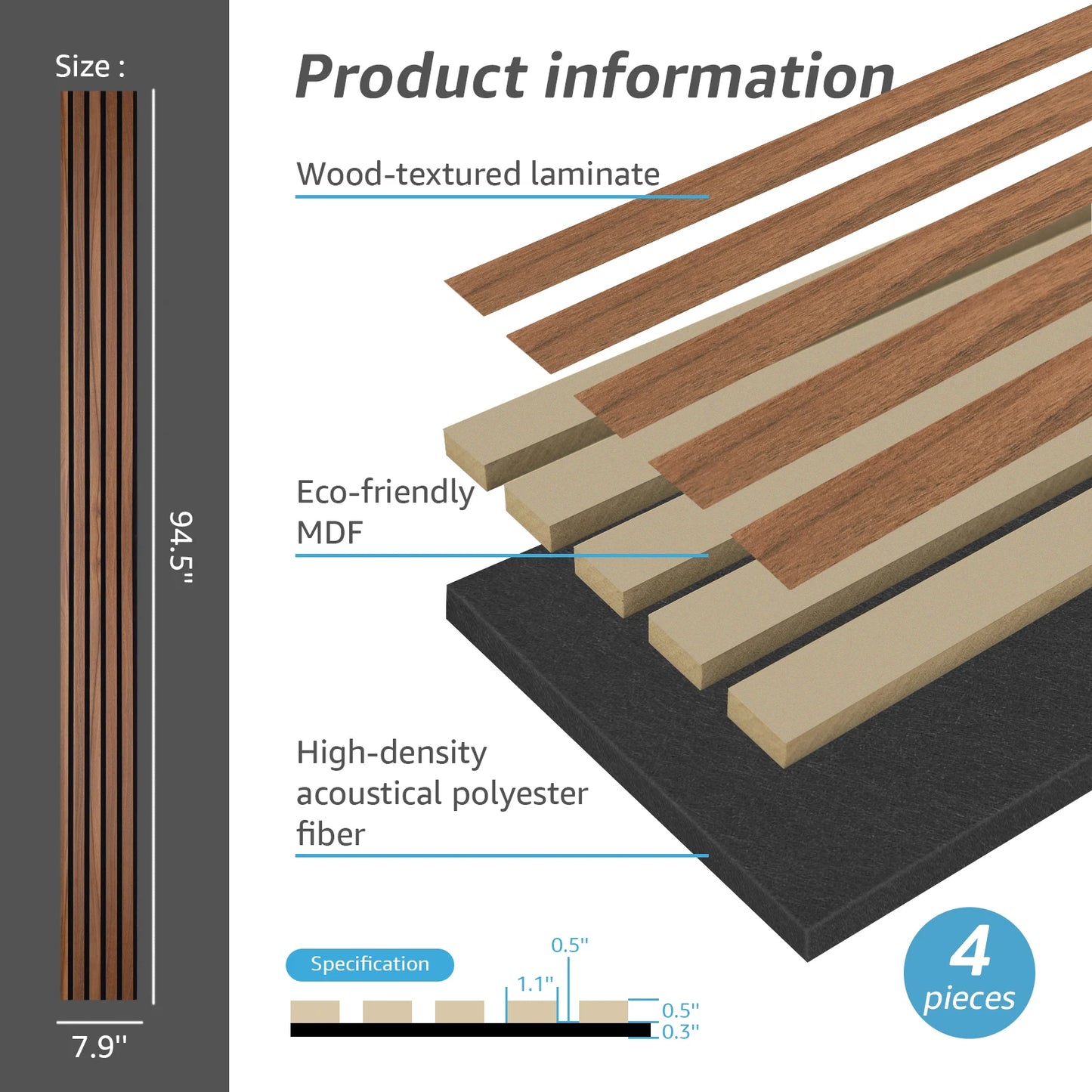 Wood Panel Sets *4Pcs - 94"x8" - Noise Reduction - Acoustic 3D Textured - Home Office Collection