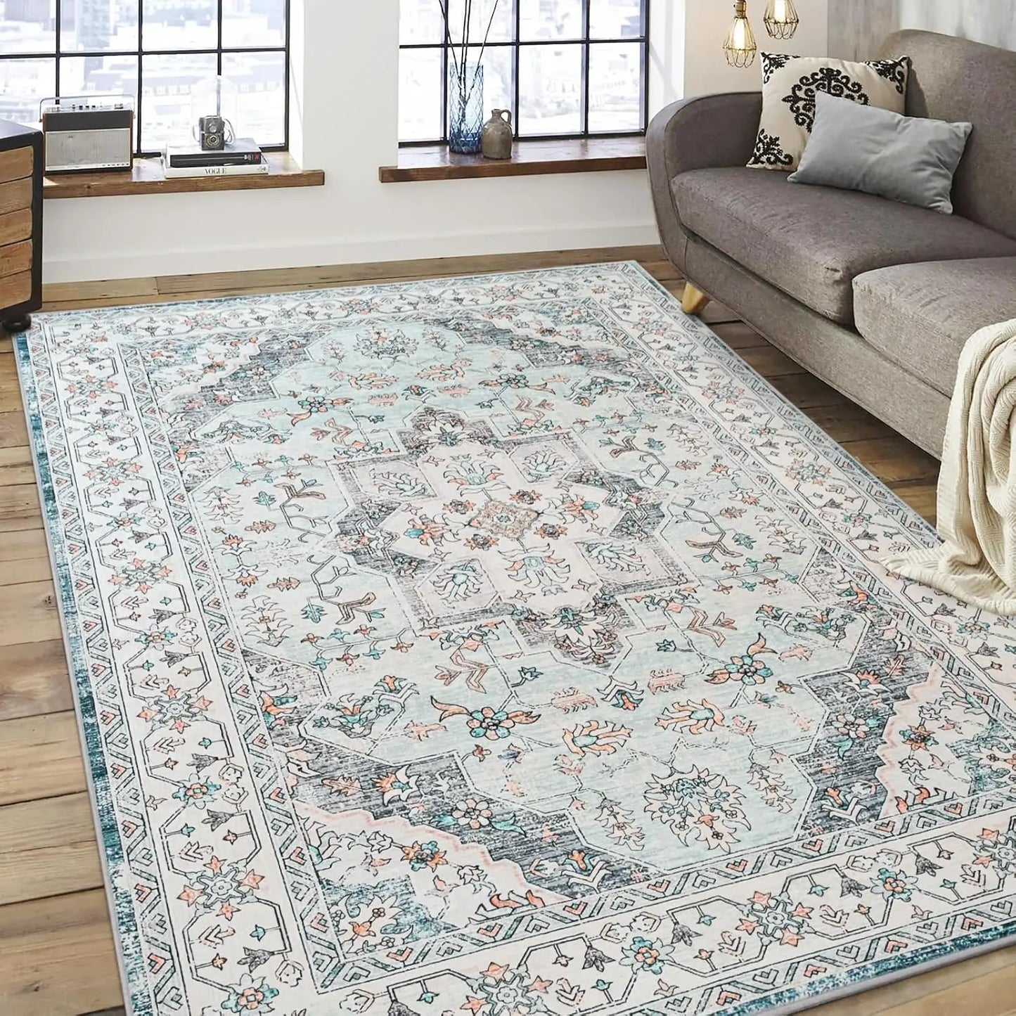 Rugs - Vintage Area Rugs - 5x8' - Floral Medallion - Machine Wash - Bedroom Collection